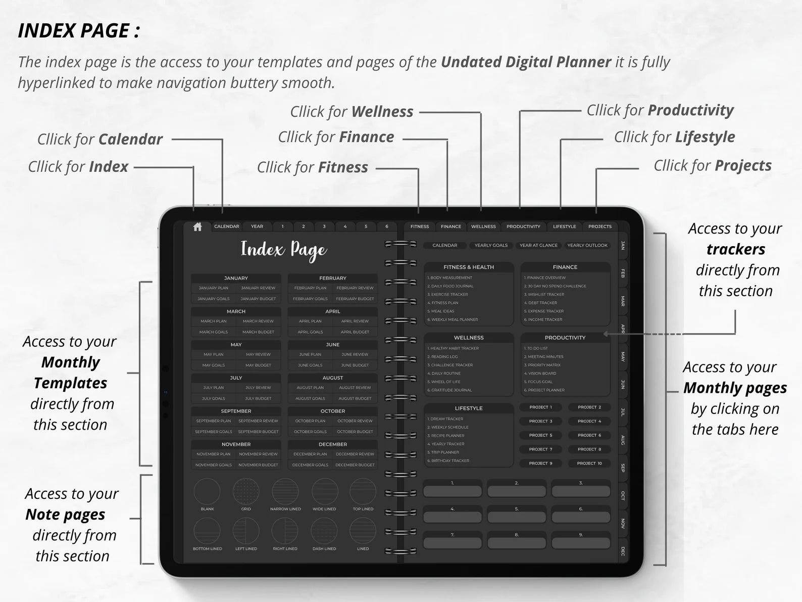 2023 + 2024 UNDATED DIGITAL PLANNER DARK MODE