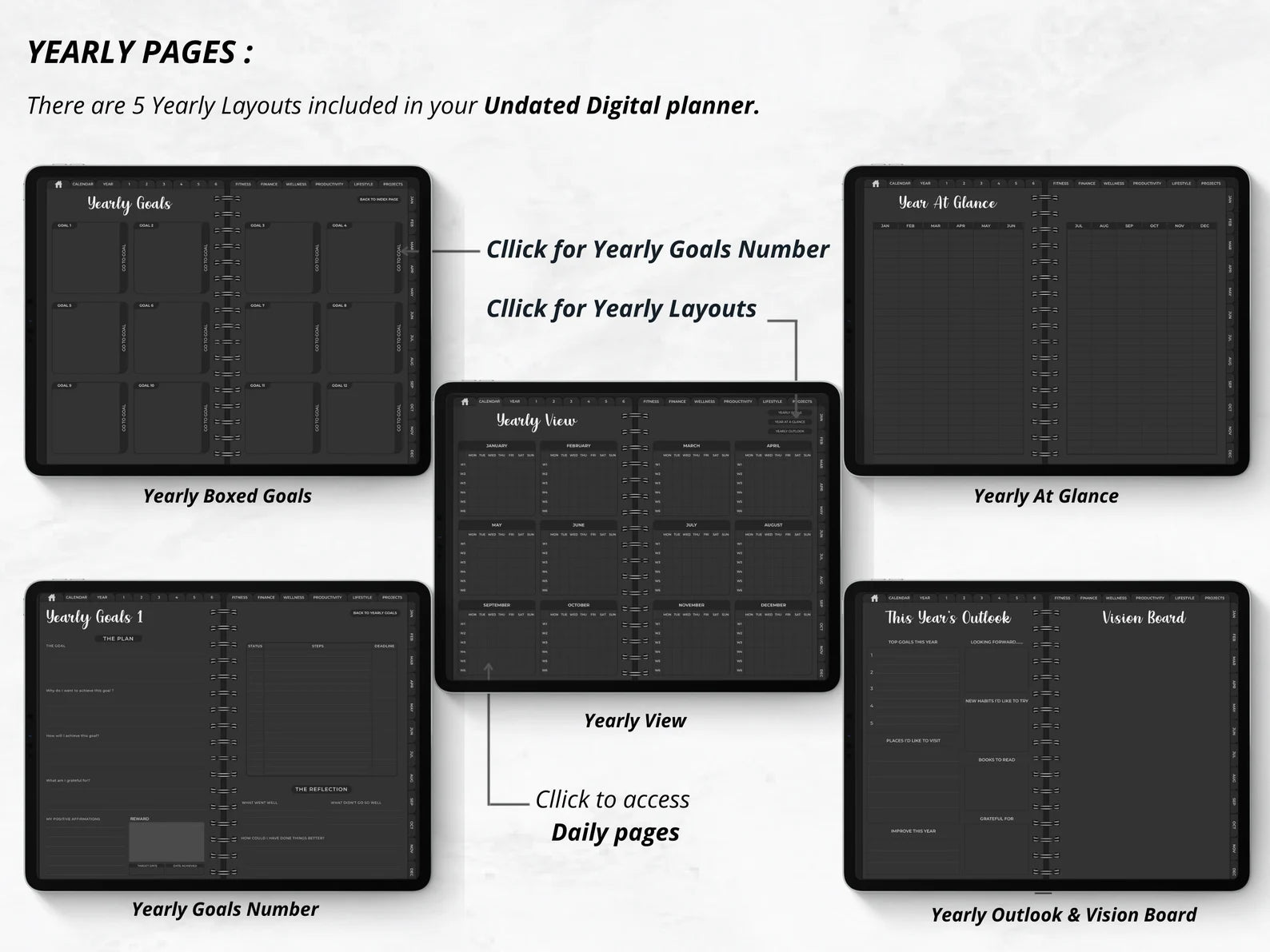 2023 + 2024 UNDATED DIGITAL PLANNER DARK MODE