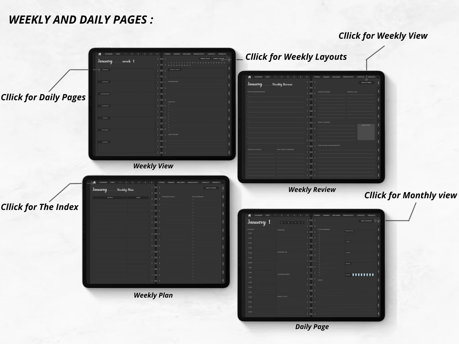 2023 + 2024 UNDATED DIGITAL PLANNER DARK MODE